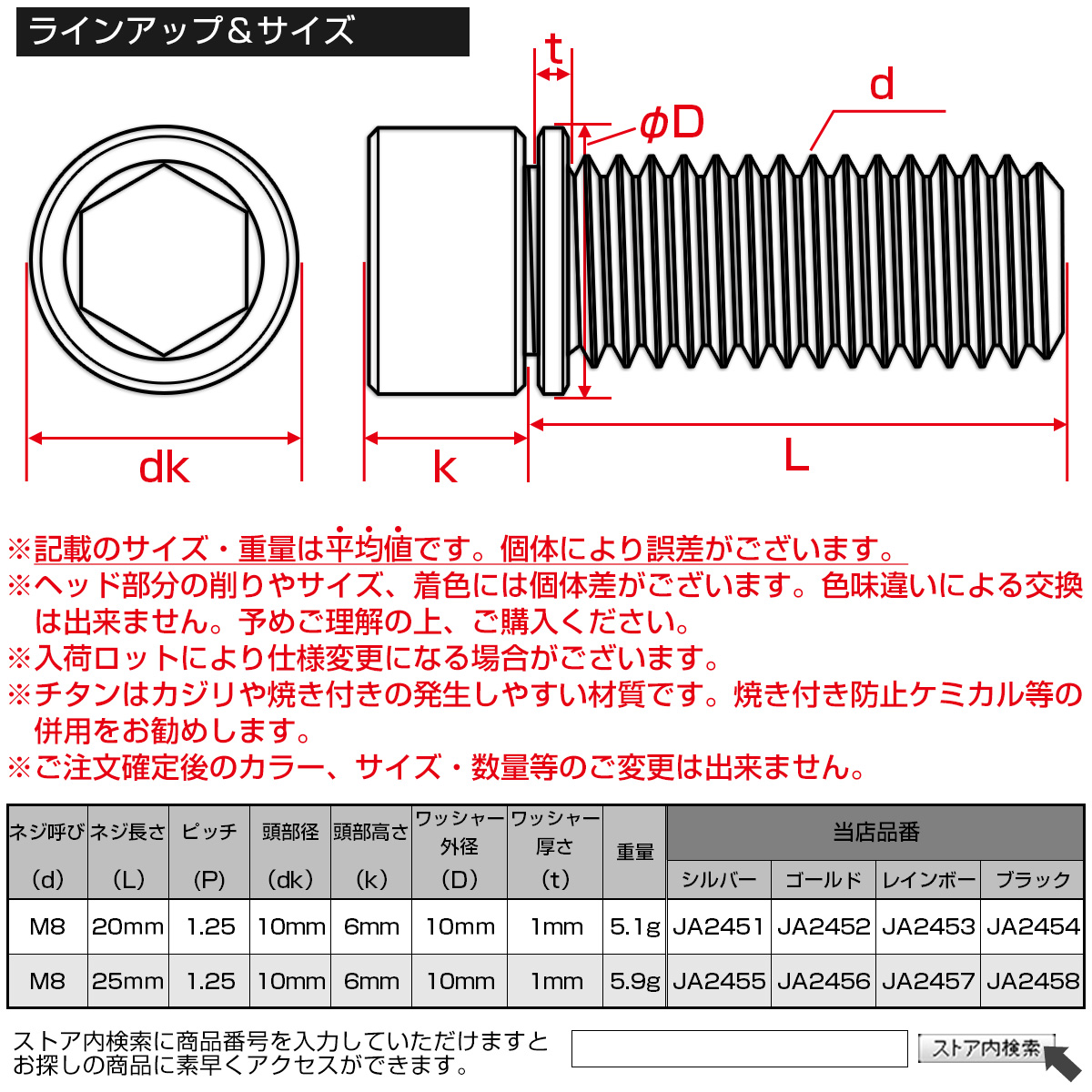 チタンボルト M8×25mm P1.25 ワッシャー組込 小頭 キャップボルト 六角