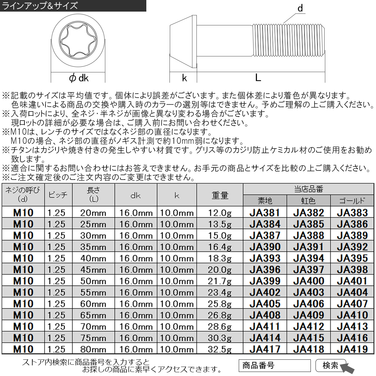 チタンボルト M10×75mm P1.25 テーパー キャップボルト トルクス穴付き