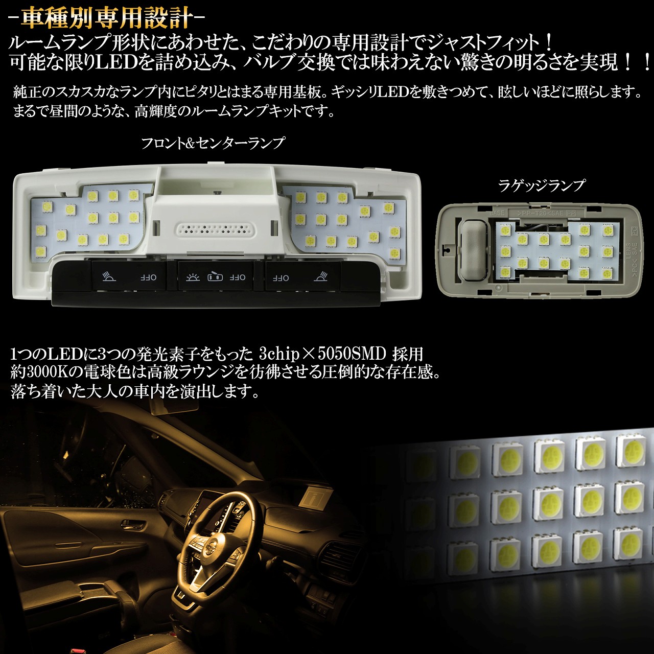 ネコポス可】 ニッサン C27 セレナ 専用設計 LED ルームランプ e-POWER対応 3000K 電球色 ウォームホワイト  高輝度3chip×5050SMD R-274