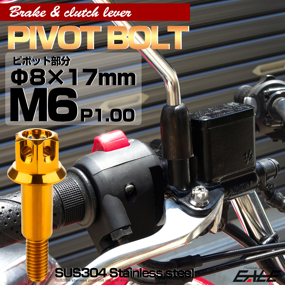 ブレーキレバー クラッチレバー 取付用 ピボットボルト Φ8×17mm M6×13mm P=1.00 ゴールド A3ヘッド SUSステンレス TH0538